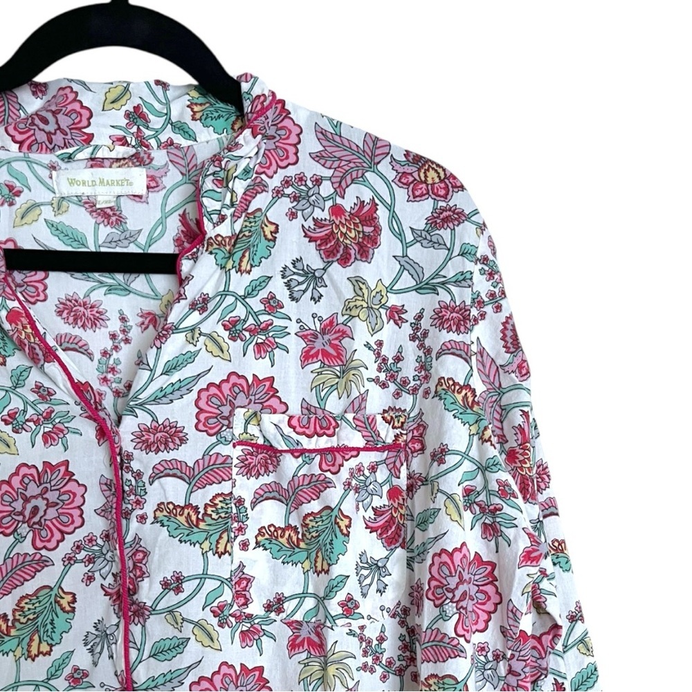 World Market Floral 100% Cotton Button Down Long Sleeve Collared Sleep Dress - Picture 4 of 5